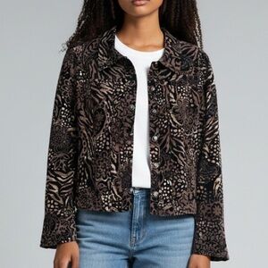 Tribal Brown Velvet Animal Print Cropped Jacket Sz 10 Rocker Goth Edgy Leopard‎